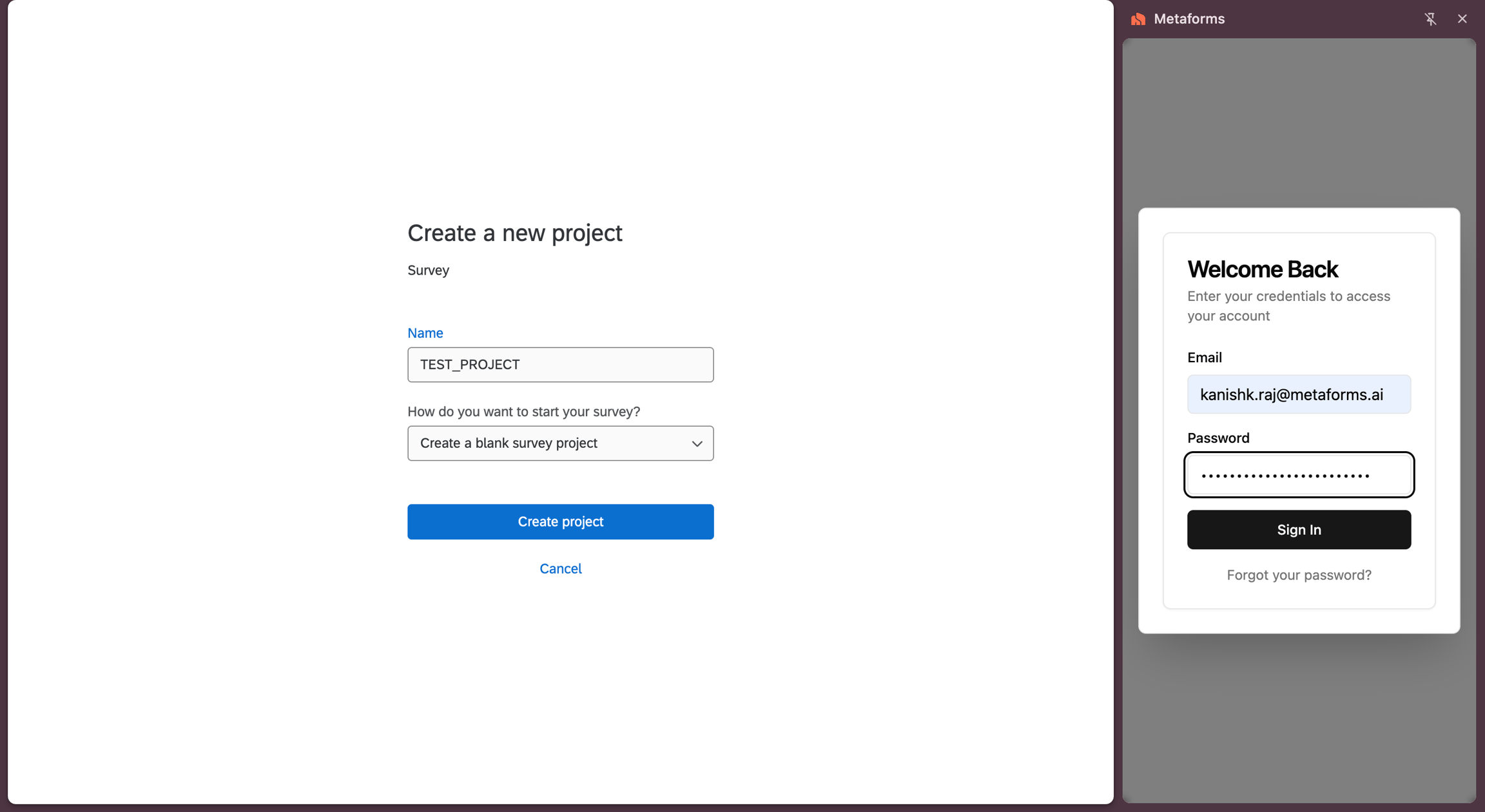 Log in with Metaforms credentials